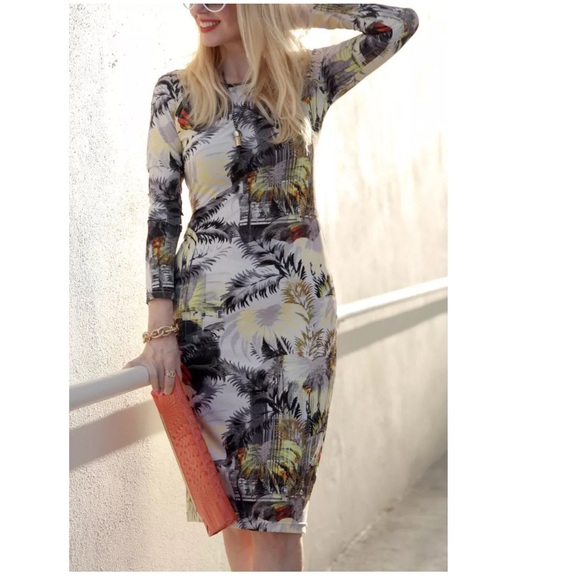 Topshop Women’s Bodycon Dress Size S Palm City Print Long Sleeve Midi - Picture 2 of 5